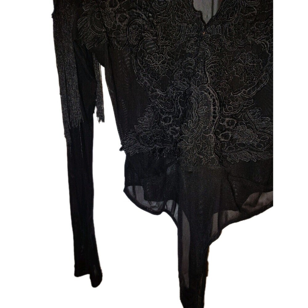 Lizette Collection Black Mesh Bodysuit Large Lace Fringe Sheer Long Sleeve L - Picture 10 of 10